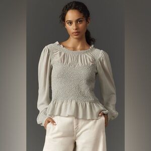 By‎ Anthropologie Balloon-Sleeve Smocked Peplum Blouse Blue Grey Size Medium